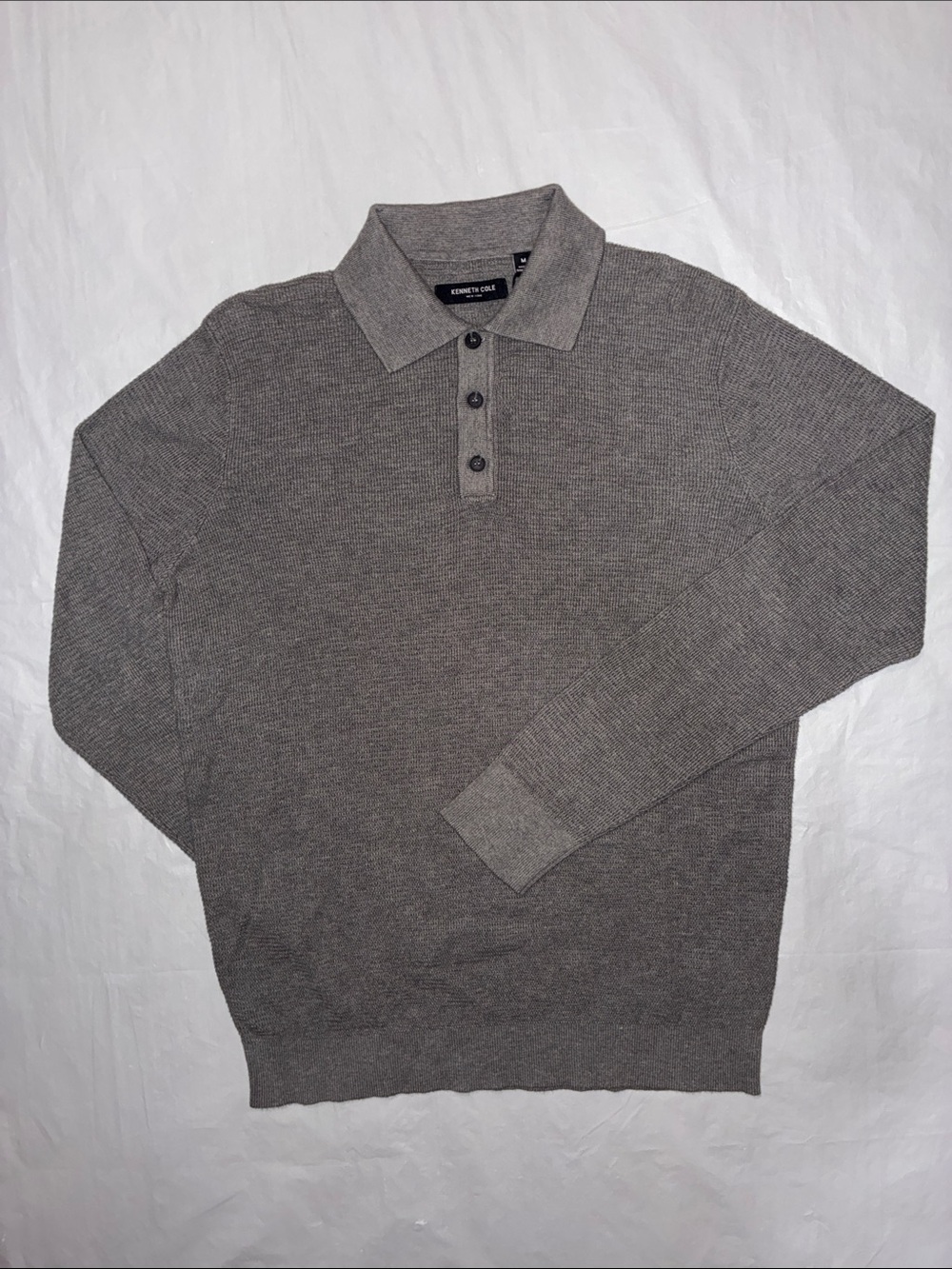 Kenneth Cole Grey Ribbed Long-Sleeve Polo Sweater